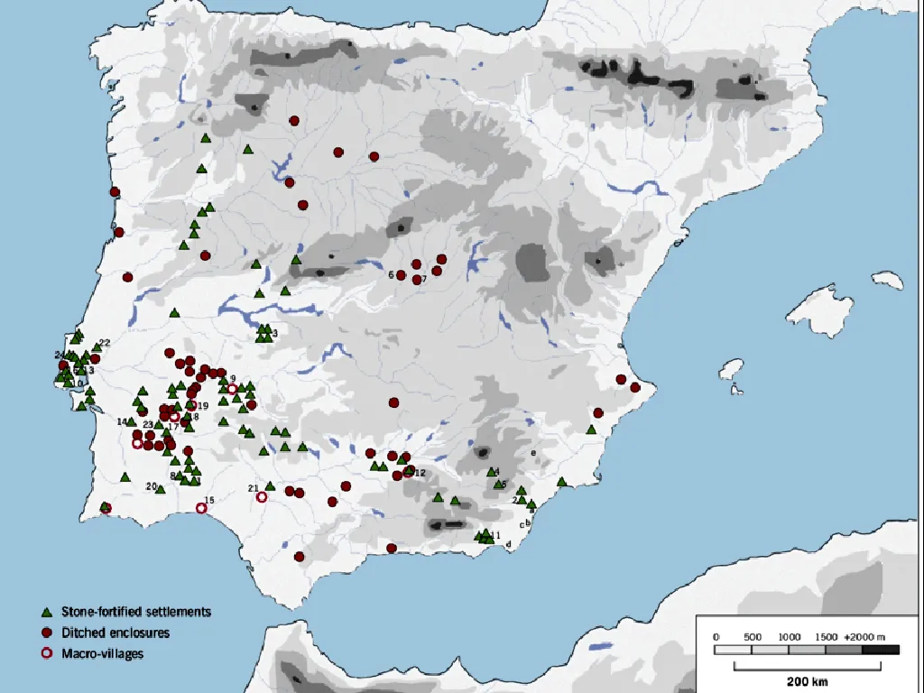 The 4.2k yr BP event - Distribution of fortifed settlements (green) and ditched enclosures (red)